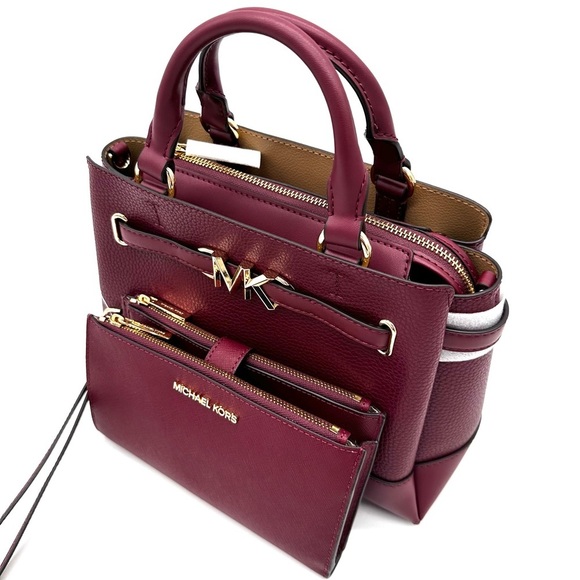 Michael Kors Reed Small Satchel Crossbody Bag & LG Double Zip Wallet Dark Cherry - Picture 12 of 16